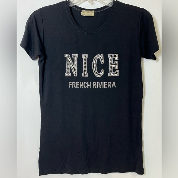 Nice French Riviera Black Pearl Sequin Bling T-Shirt Attitude Paris France Sz M - Picture 1 of 10